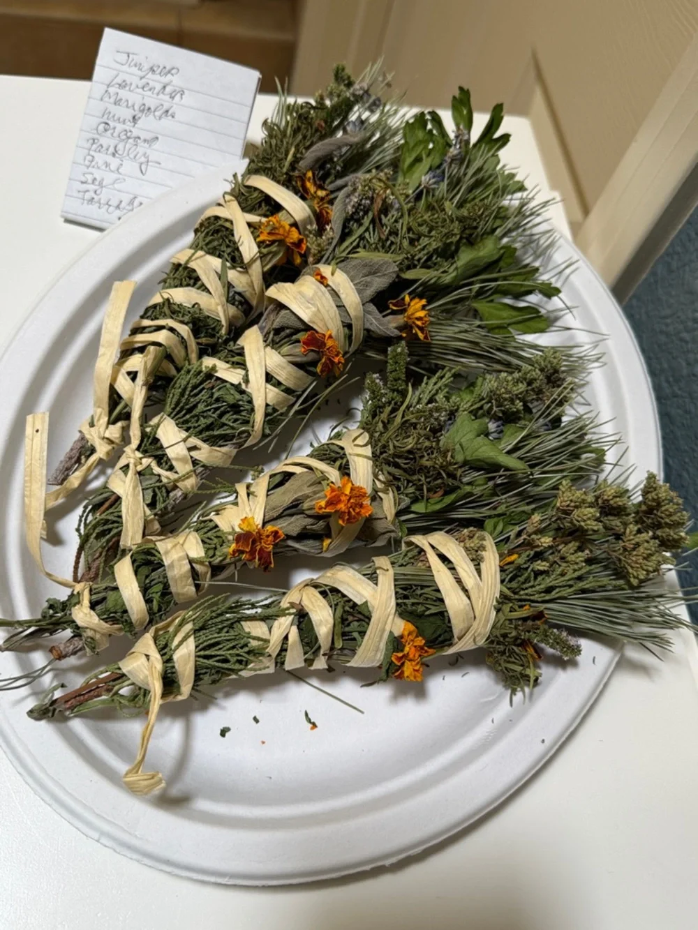 Hand-Tied organic Sage and Herb Smudge Bundle with Marigolds. Smoke medicine!
